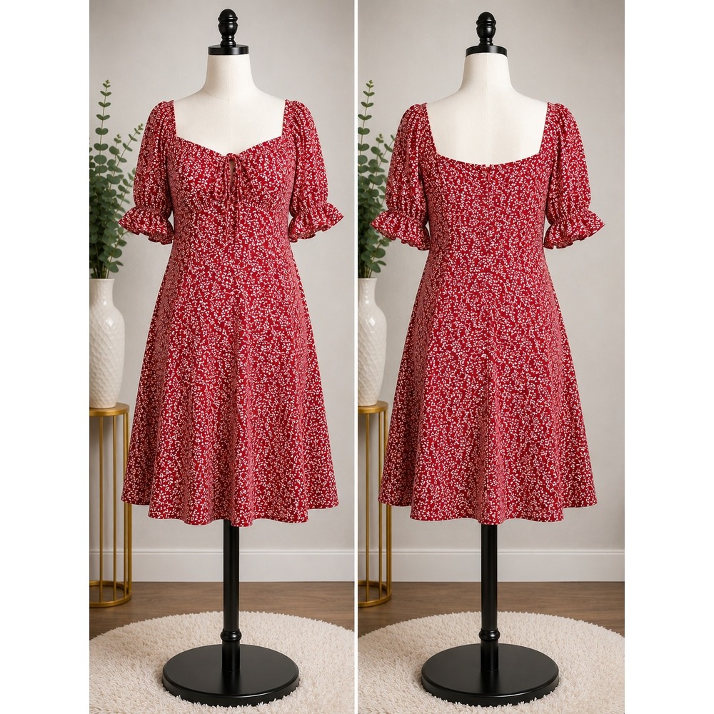 Shein Curve Red Ditsy Floral Puff Sleeve Mini Dress Plus Size 2XL